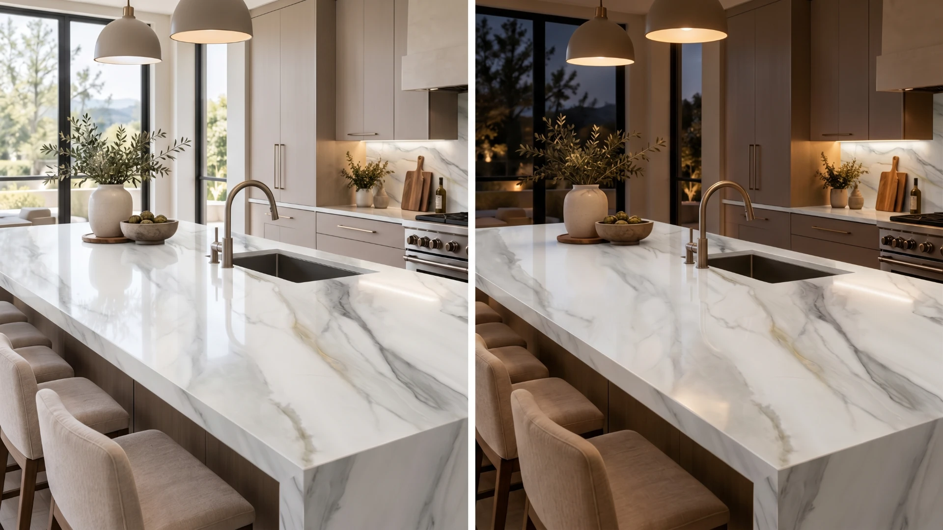 How a quartz countertop color looks in natural vs. artificial light