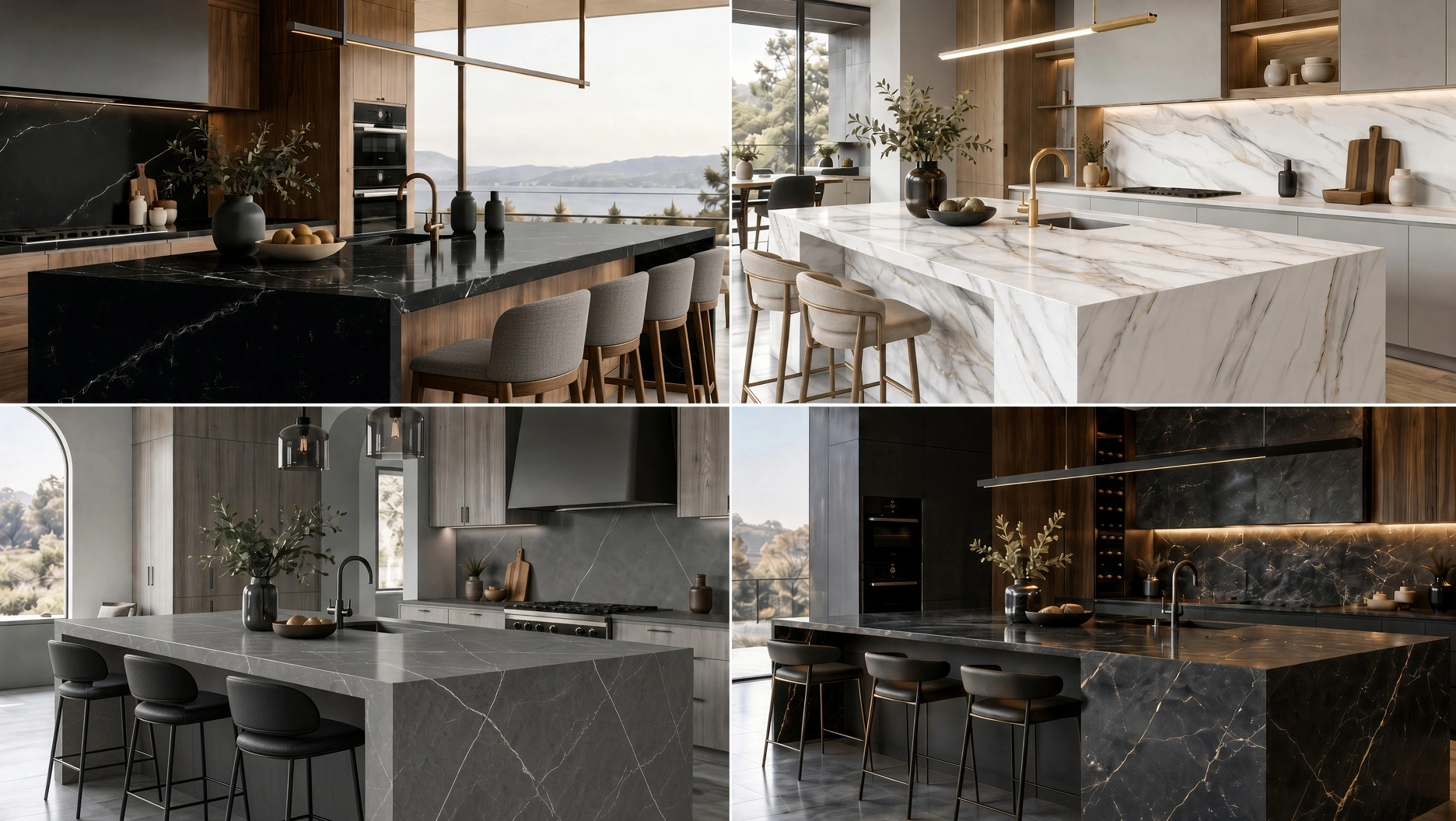 Modern kitchen examples with white gray beige and dark quartz countertop colors