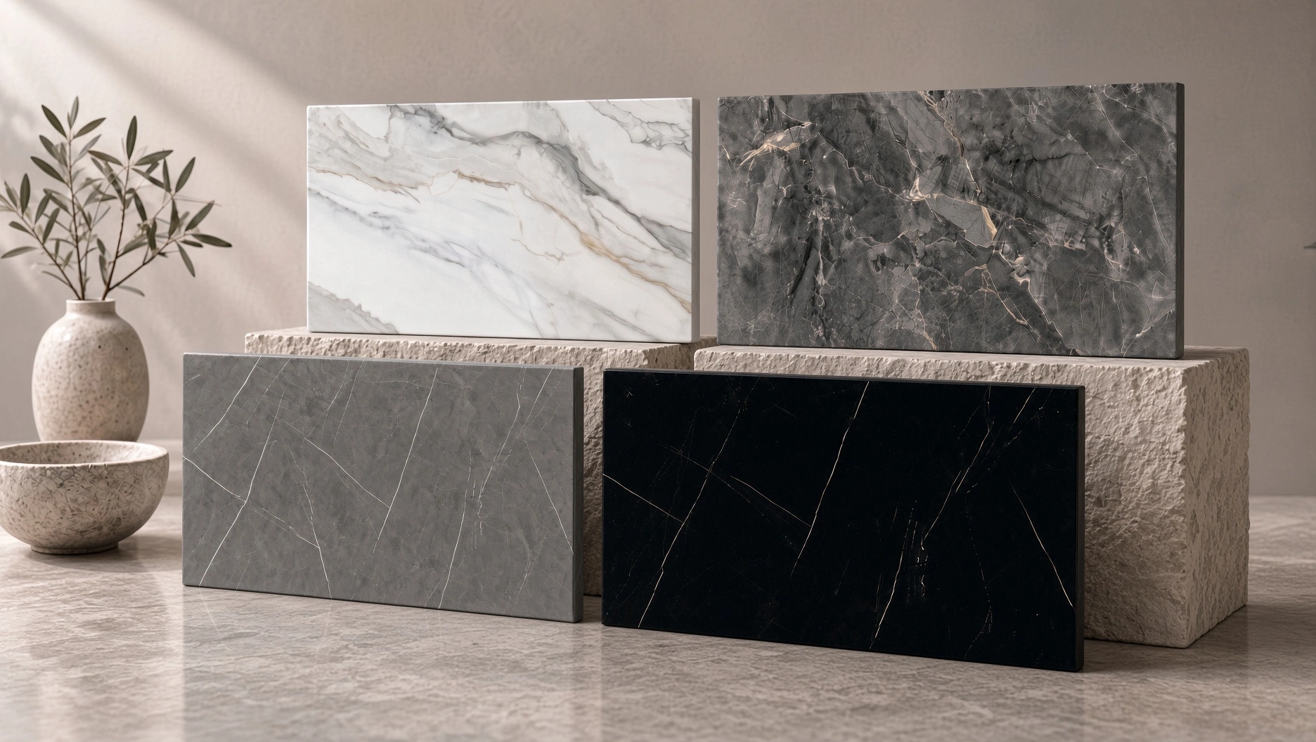 Quartz countertop colors and surface samples with different vein characters