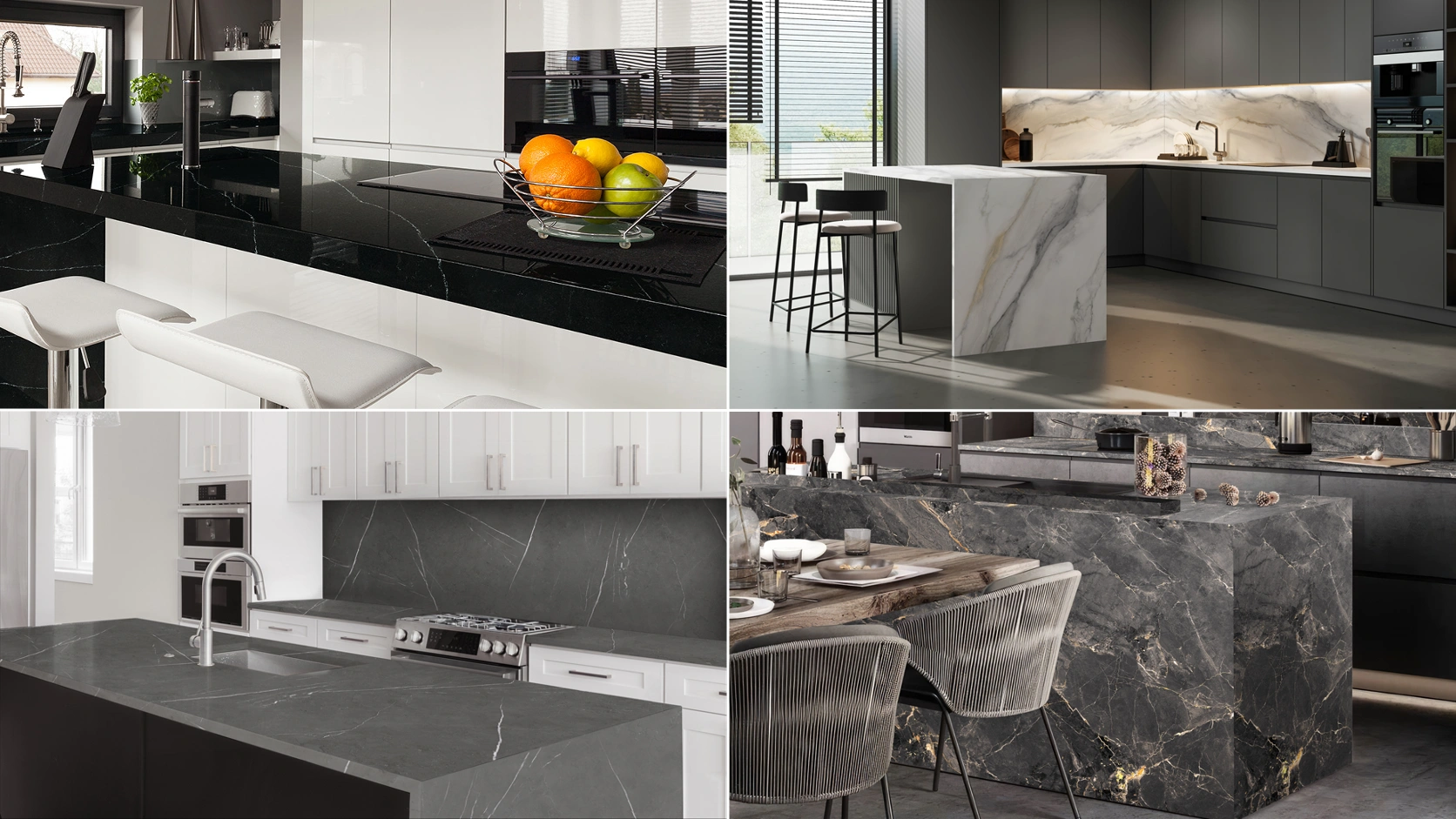 Quartz countertop color matching examples by cabinet color