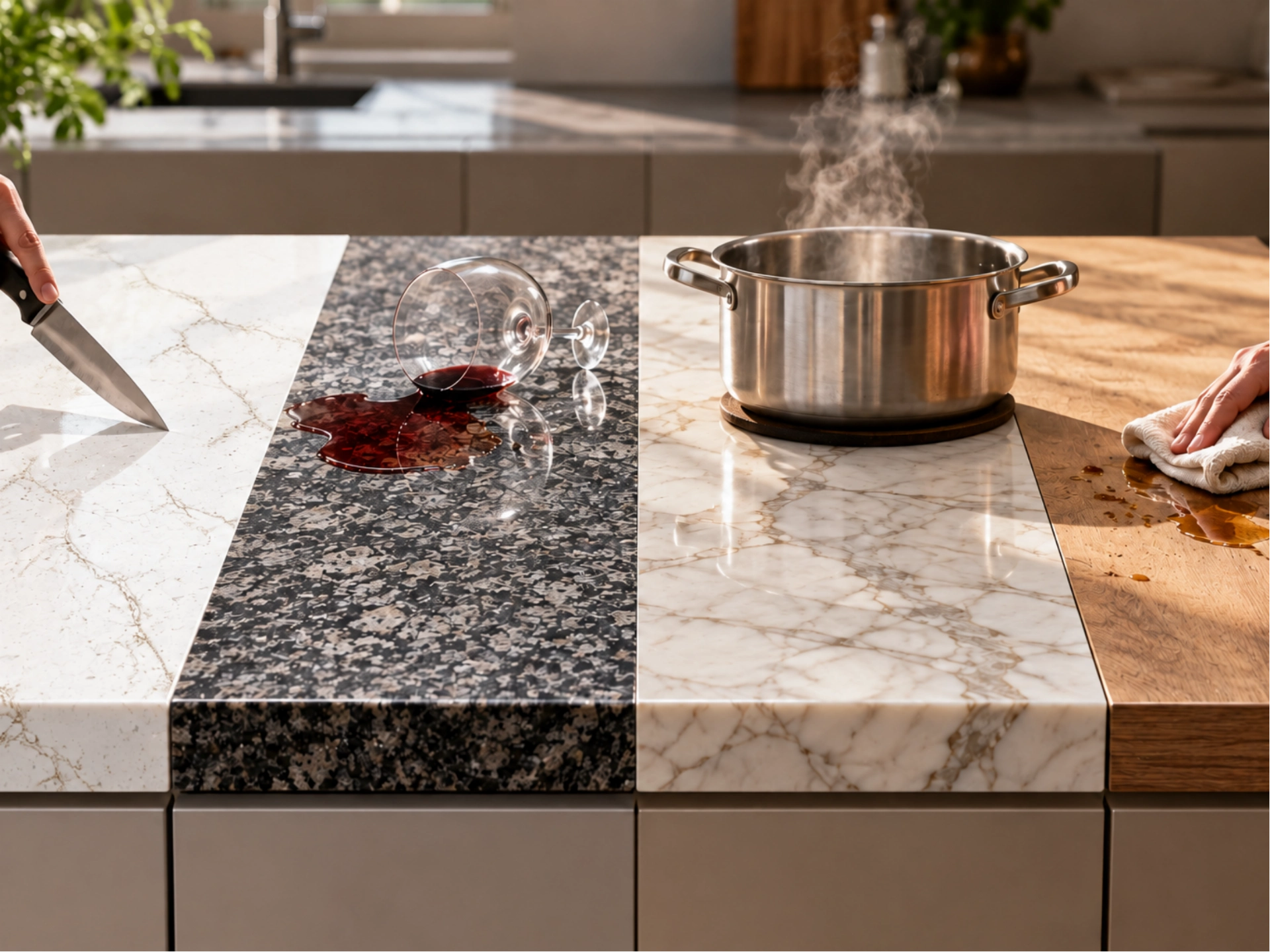 Quartz vs granite vs marble vs laminate durability comparison image