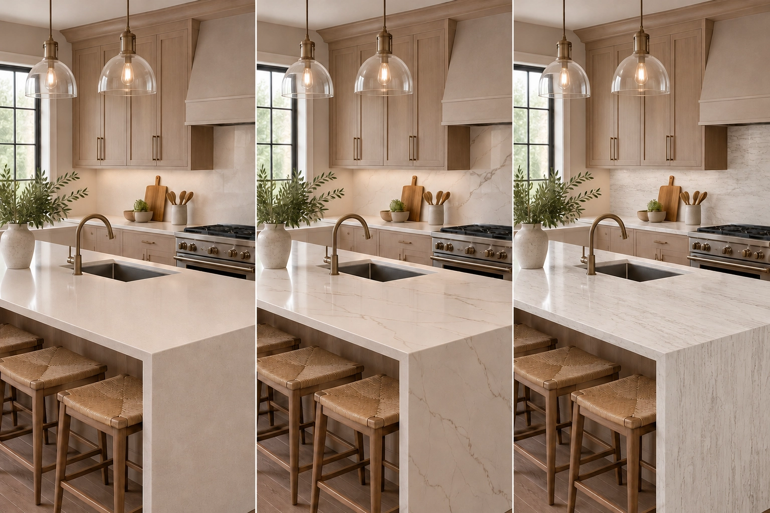 Minimal, subtly veined, and boldly veined Coante quartz countertop colors in the same kitchen